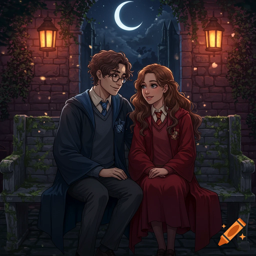 Anime drawing of two Hogwarts students, a Ravenclaw boy and Gryffindor girl, sitting affectionately on a bench under a crescent moon.