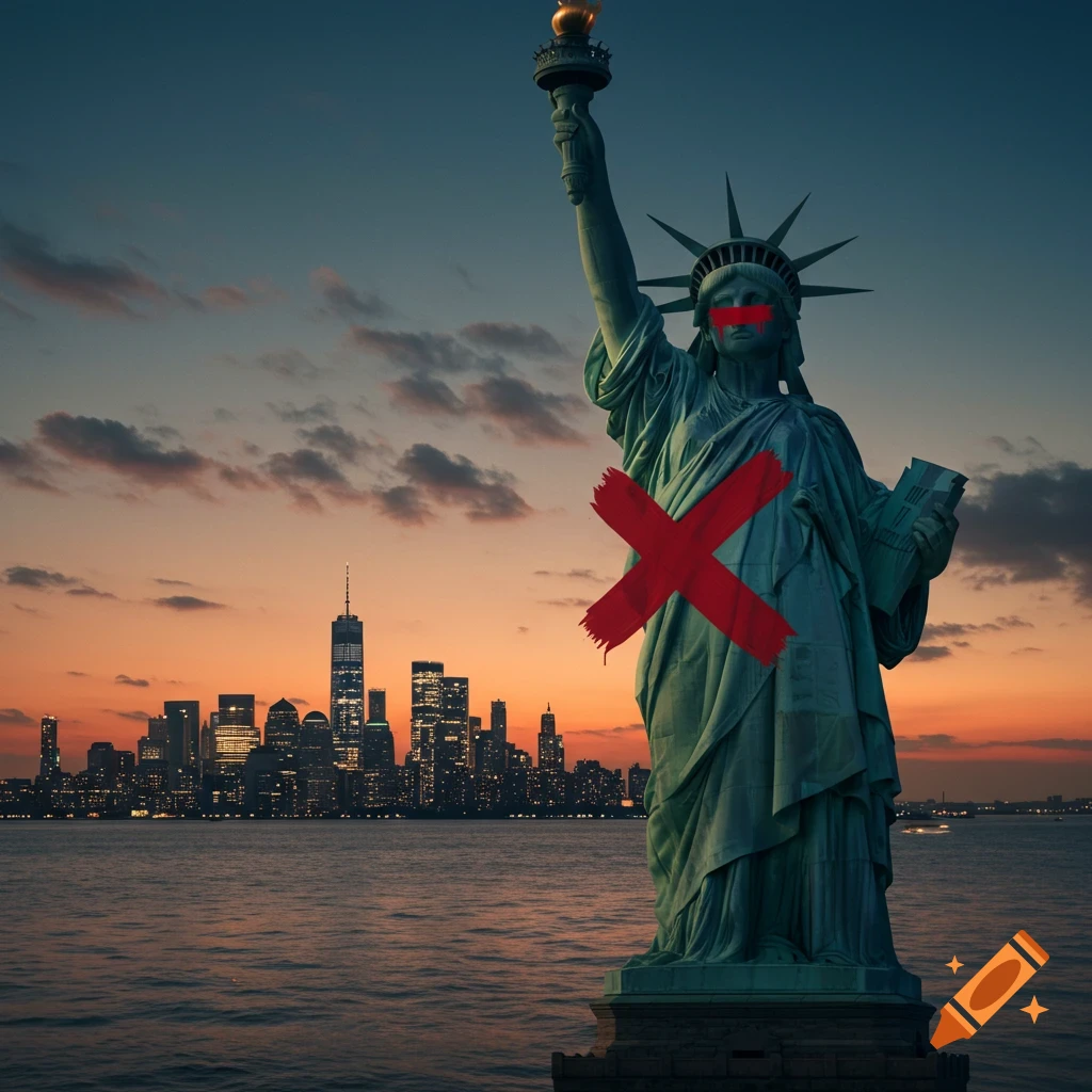 The Statue of Liberty is defaced with a large red X across its body and a red bar over its eyes, set against a New York City skyline at sunset.