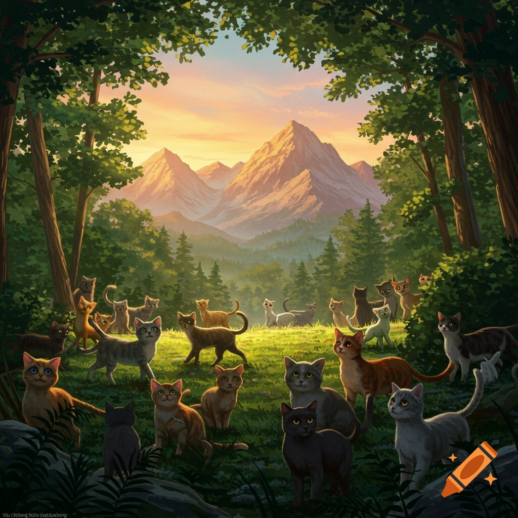 A large group of cats gathers in a lush forest clearing, with majestic mountains and a sunset sky in the background, in an illustrative style.