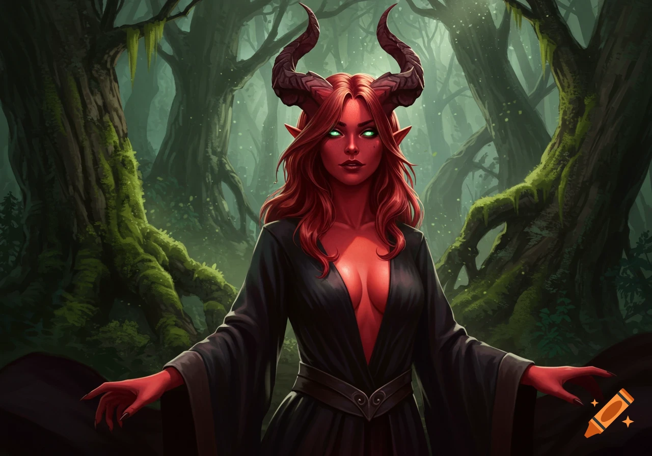 A red-skinned Tiefling woman with large horns, long red hair, and glowing green eyes stands in a dark robe in a mystical forest, fantasy art style.