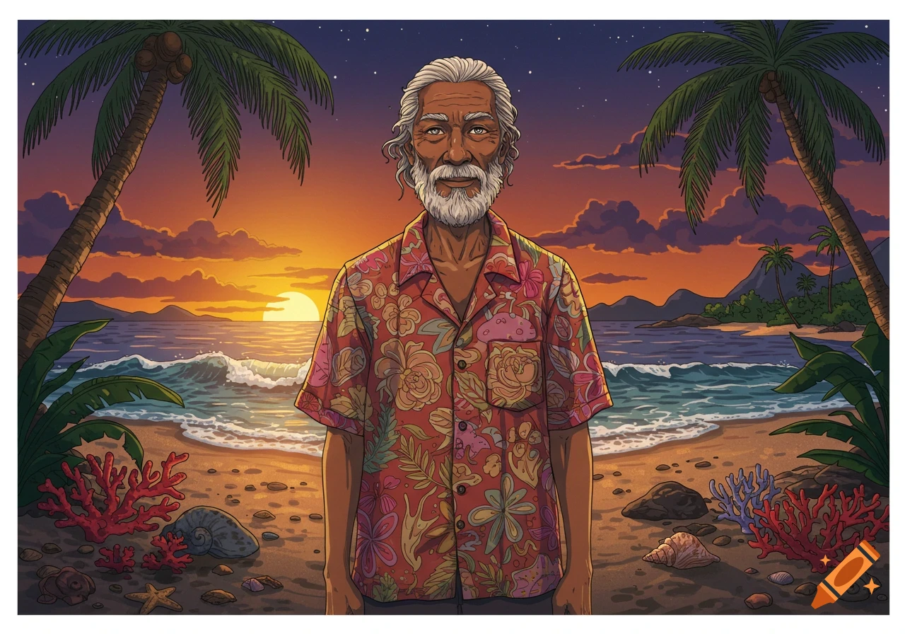 Cartoon illustration of an elderly man with a beard in a Hawaiian shirt standing on a tropical beach at sunset.