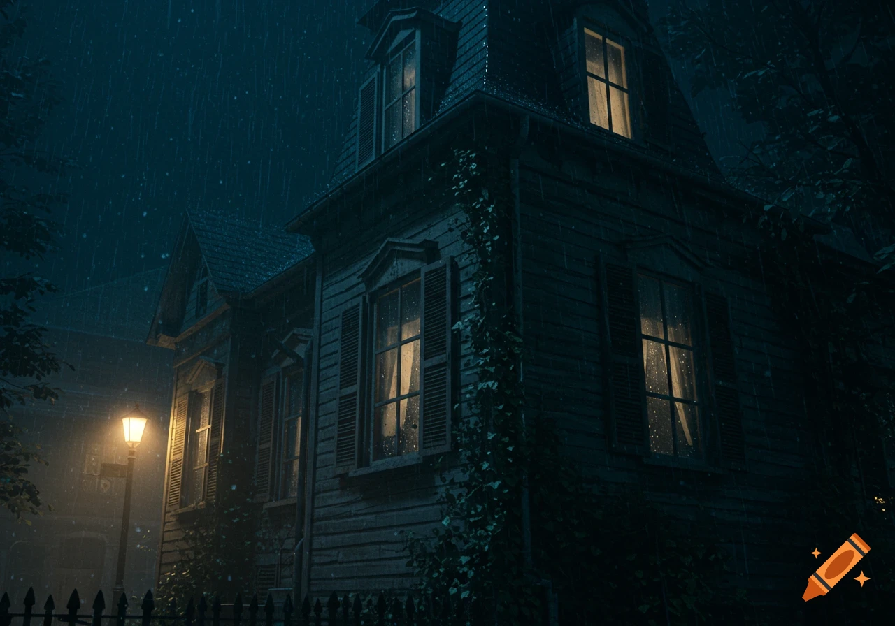 A dark, old house at night during a gentle rain, with glowing windows and a street lamp, in a cinematic, realistic style.