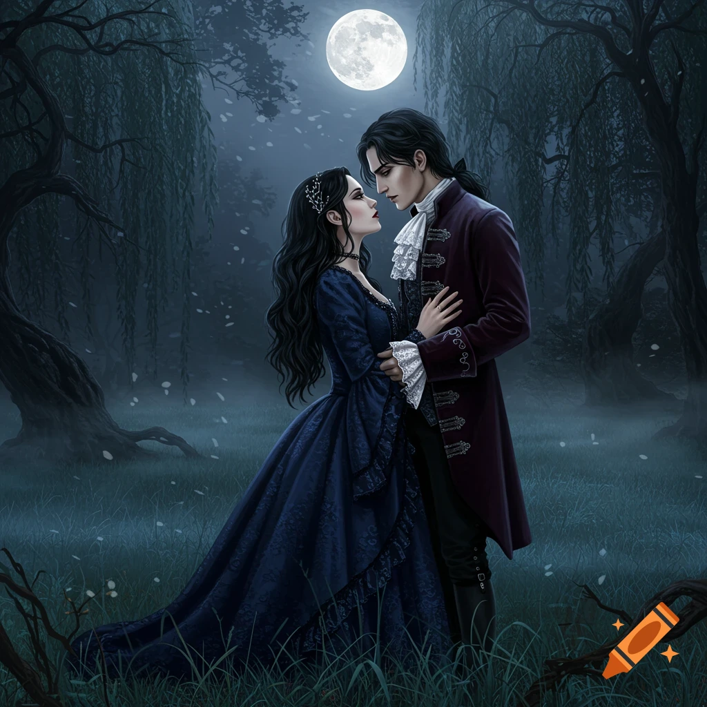A gothic couple stands embraced in a moonlit, misty forest. A woman in a blue gown and a man in a maroon coat look at each other.
