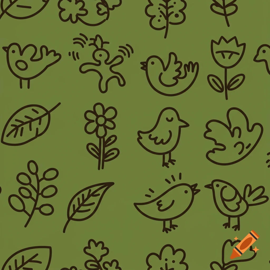 Seamless pattern of quirky line art birds, leaves, and flowers on a mossy green background in a Keith Haring-inspired style.