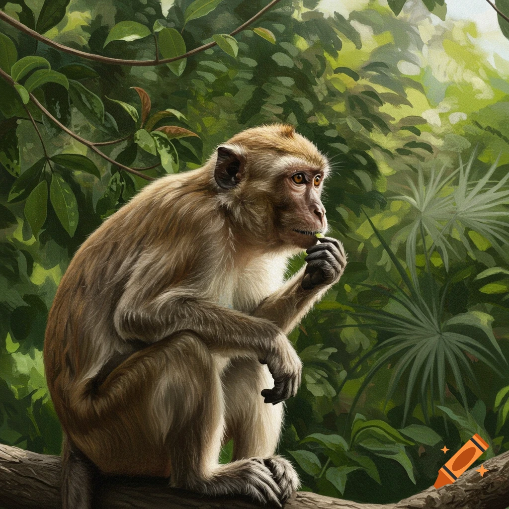 A realistic painting of a monkey sitting on a branch in a lush green jungle, looking to the right.