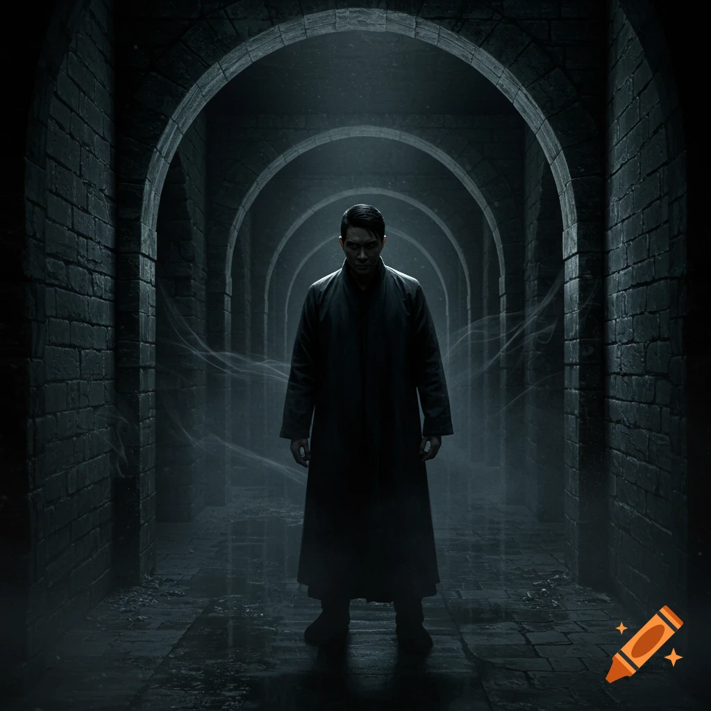 A man in a long dark coat stands in a misty, arched stone corridor, looking stern.