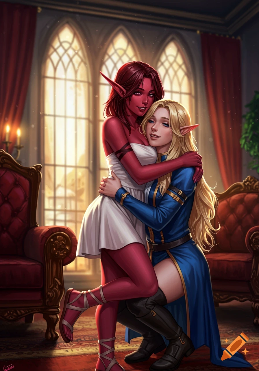 A red-skinned elf in a white mini-dress embraces a blonde elf in a blue gown, standing in a regal room.