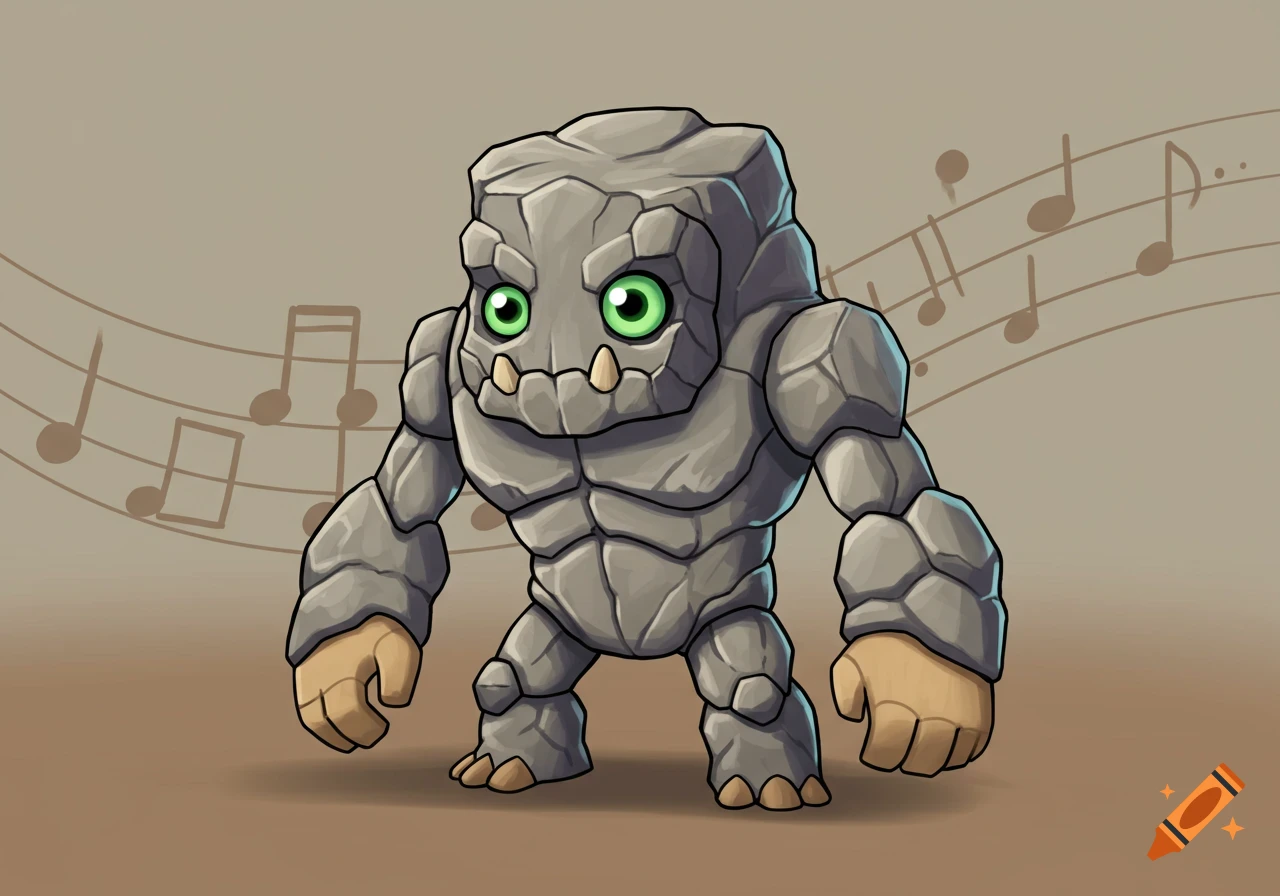 A stout, cartoon rock creature with green eyes, an underbite, and tan hands and feet stands against a background with musical notes.