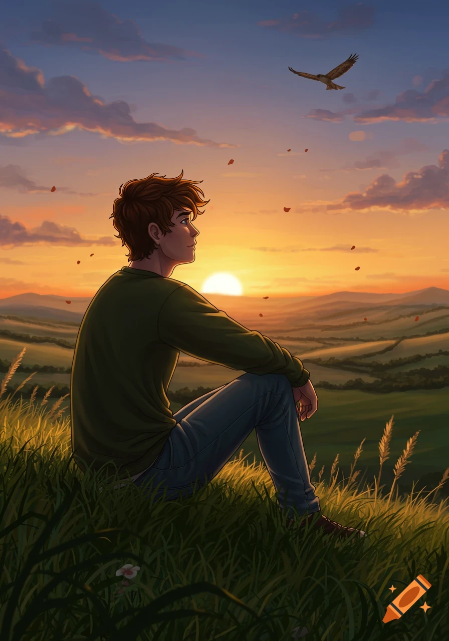 A young man with brown hair sits on a grassy hill, gazing at a vibrant sunset over rolling hills with an eagle flying above. Digital art.