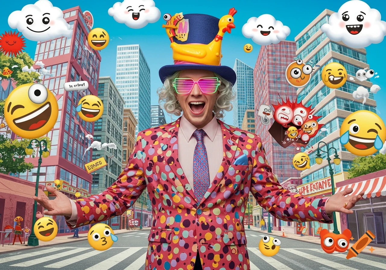 A man in a colorful polka-dot suit, chicken hat, and neon glasses smiles broadly on a city street, surrounded by cartoon emojis and clouds.