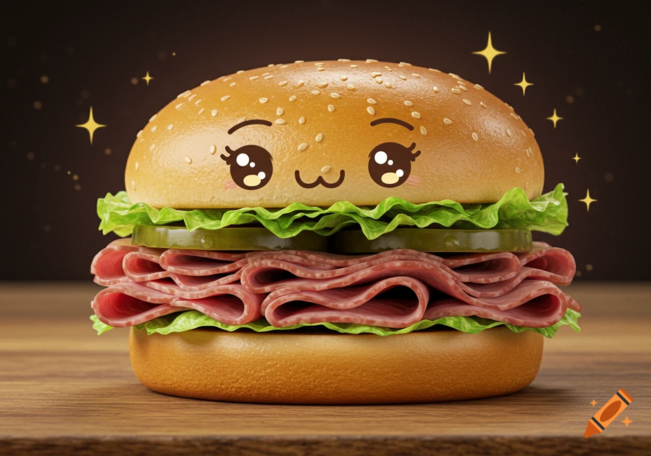 A photorealistic roast beef sandwich with a cute anime face and sparkles on a wooden table.