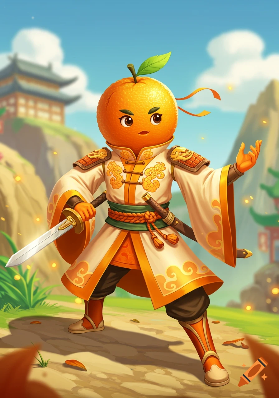 A cheerful cartoon anthropomorphic orange warrior in a golden and white Chinese robe, holding a sword in a scenic landscape with pagodas.