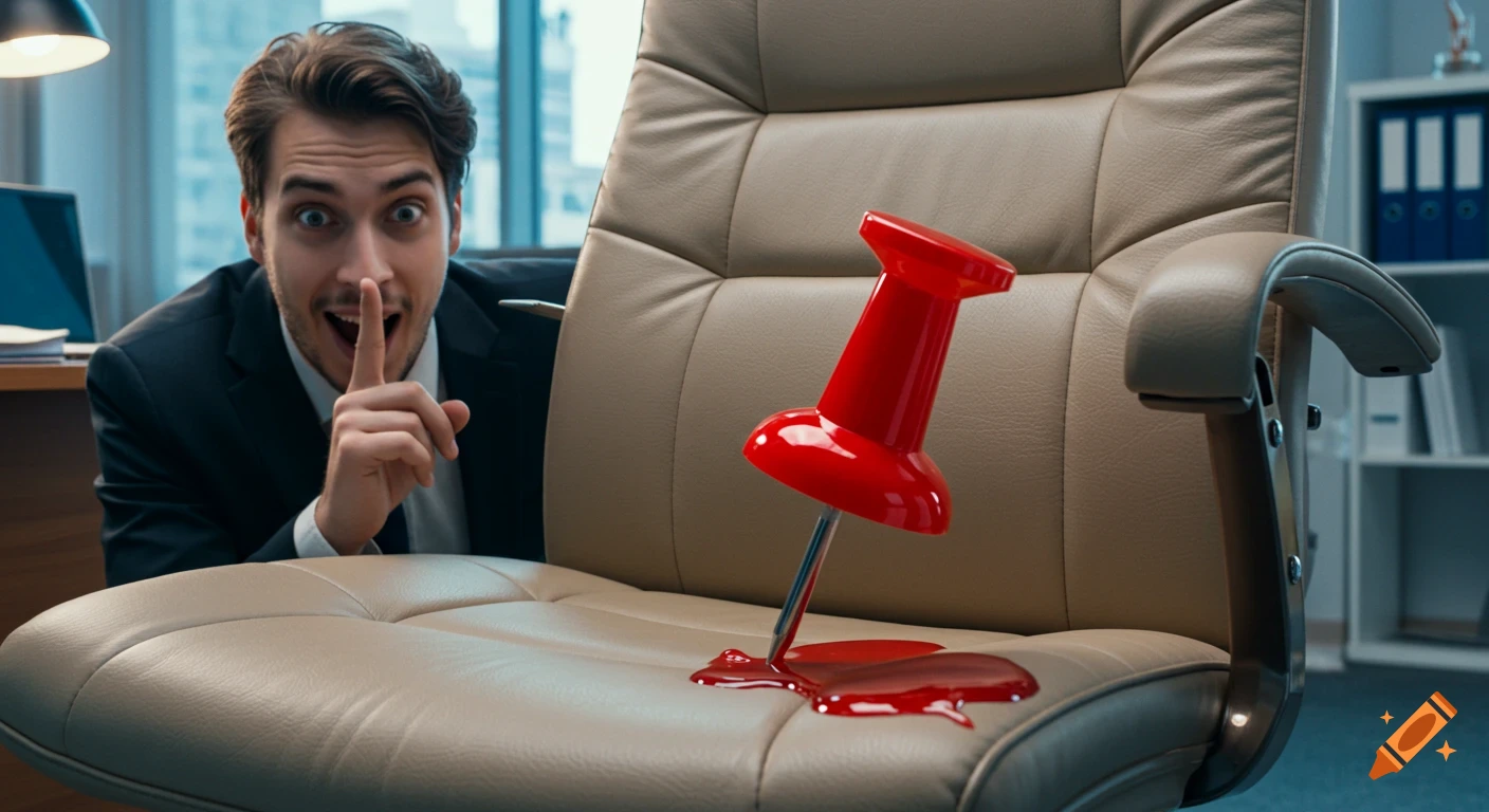 A man shushes, indicating a prank with a giant red thumbtack stuck in a beige office chair with red liquid.