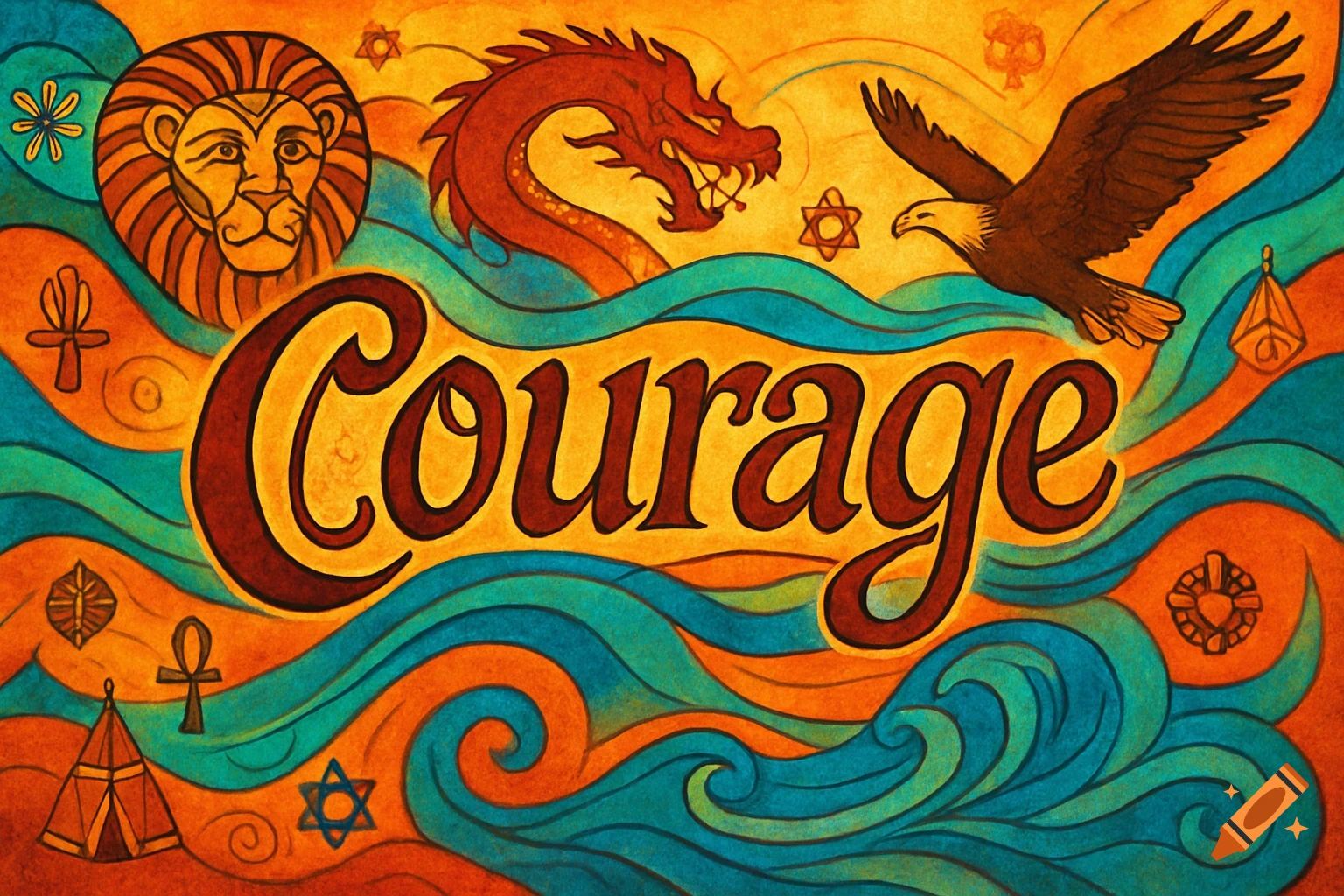 Stylized illustration of the word 'Courage' surrounded by a lion, dragon, eagle, and various symbols in orange and teal colors.