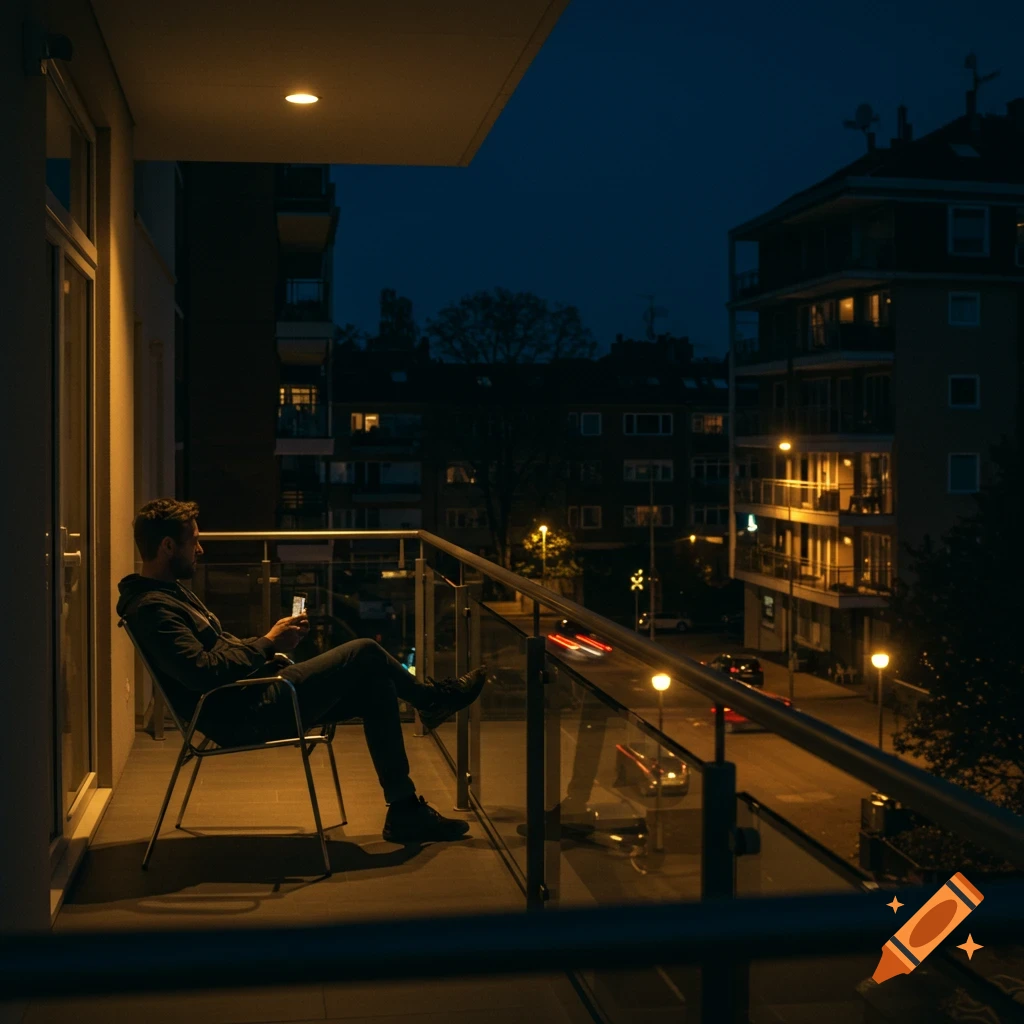 A man sits on a balcony at night, looking at his phone, with city streetlights and car trails visible below, in a photorealistic cinematic style.