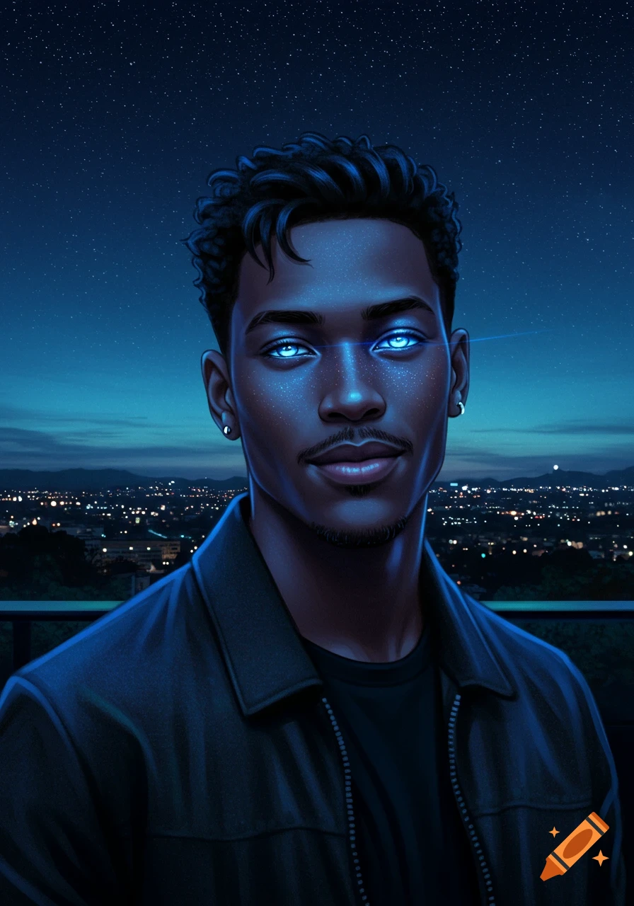Stylized portrait of a man with glowing blue eyes and sparkling skin against a night city skyline.
