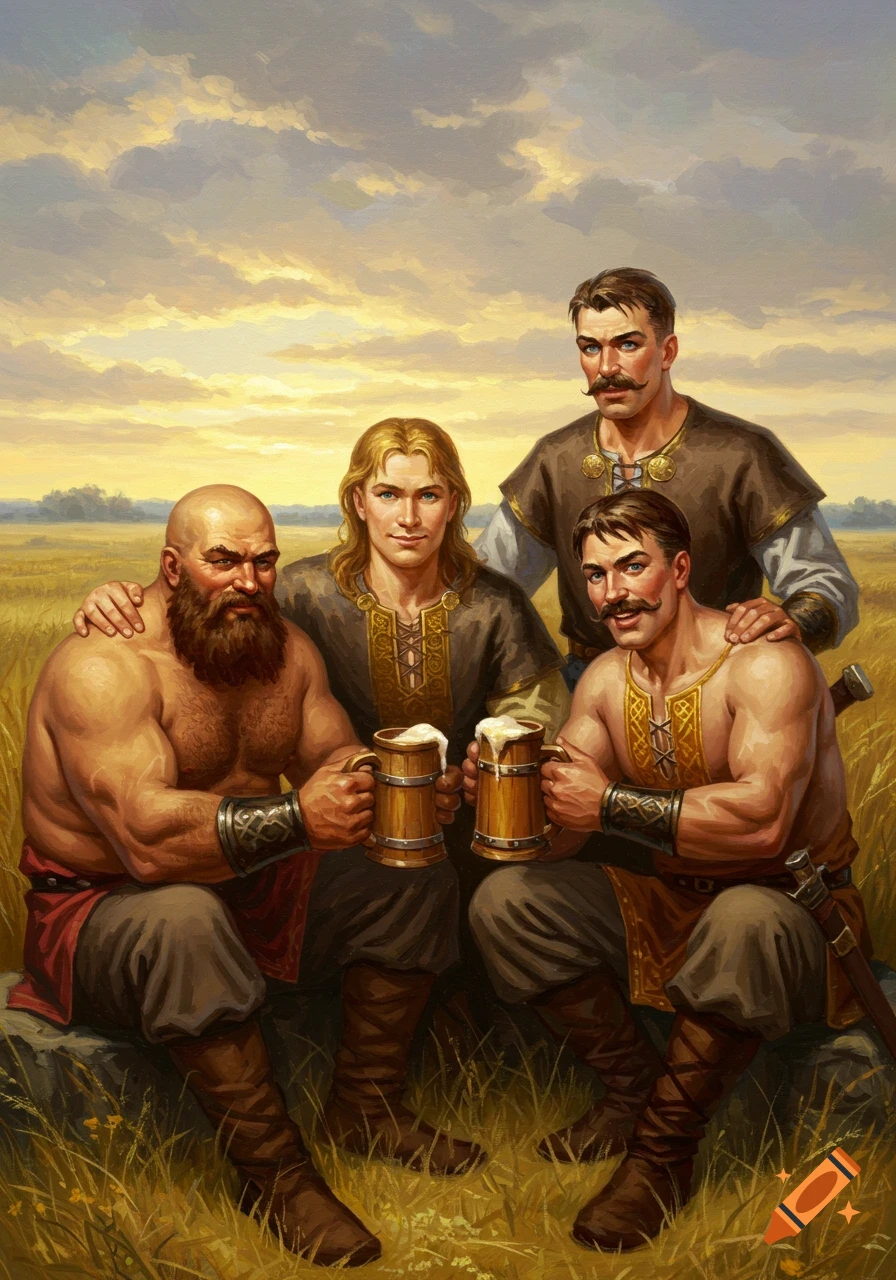 Four strong men in historical attire sit in a golden field at sunset, drinking from wooden tankards. Painting.