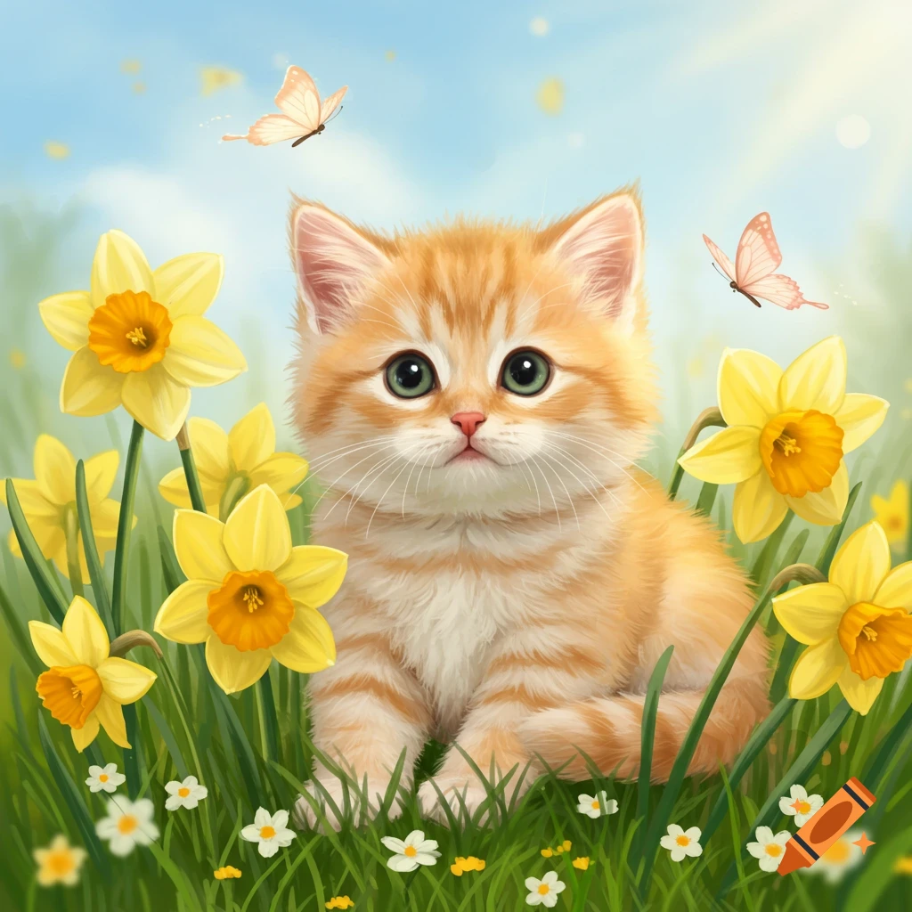 A cute orange tabby kitten with big green eyes sits in a field of yellow daffodils and small white flowers with butterflies.
