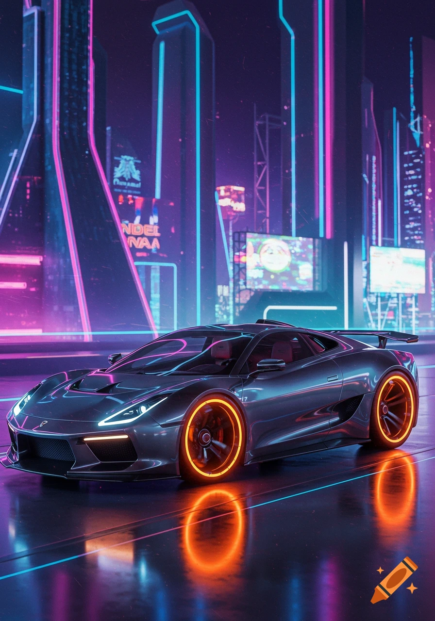 A sleek grey futuristic supercar with glowing orange wheels sits on a wet road in a neon-lit cyberpunk city.