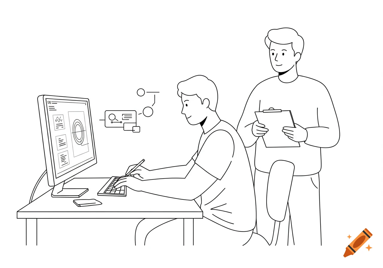 Line drawing of two men conducting a usability test: one using a computer, the other observing with a clipboard.