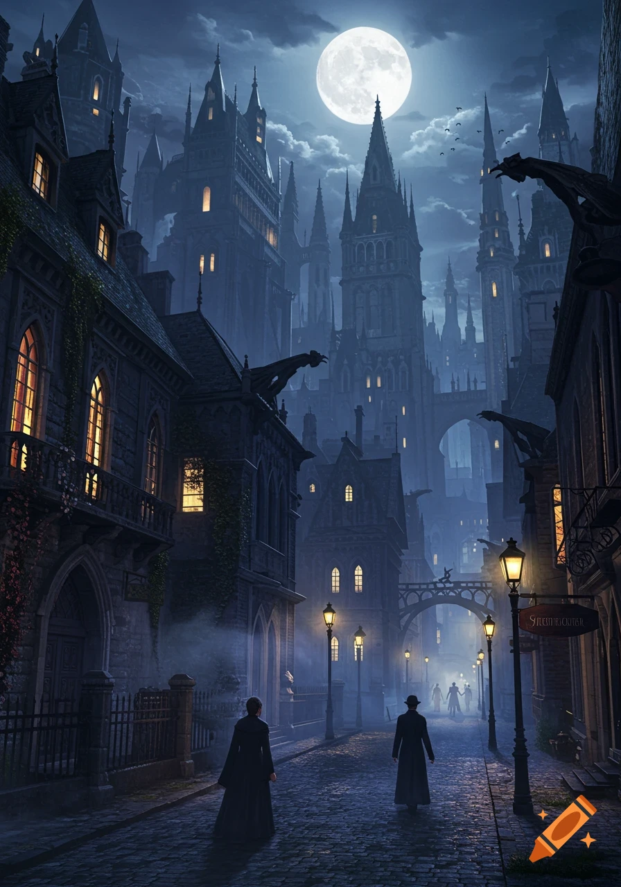A dark gothic city street at night under a full moon, with tall, spired buildings, gargoyles, and two cloaked figures walking away from the viewer.