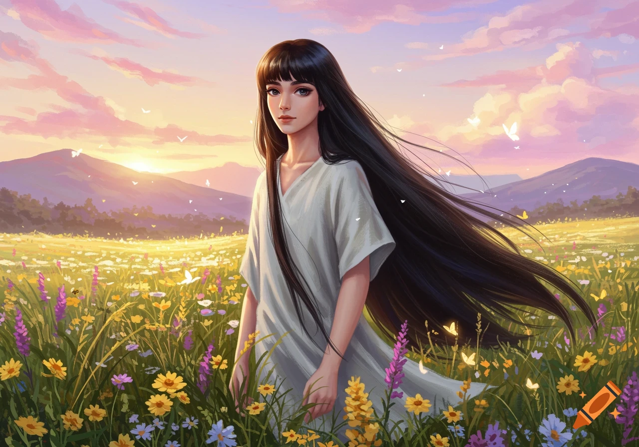 An anime girl with long black hair stands in a field of colorful wildflowers at sunset.