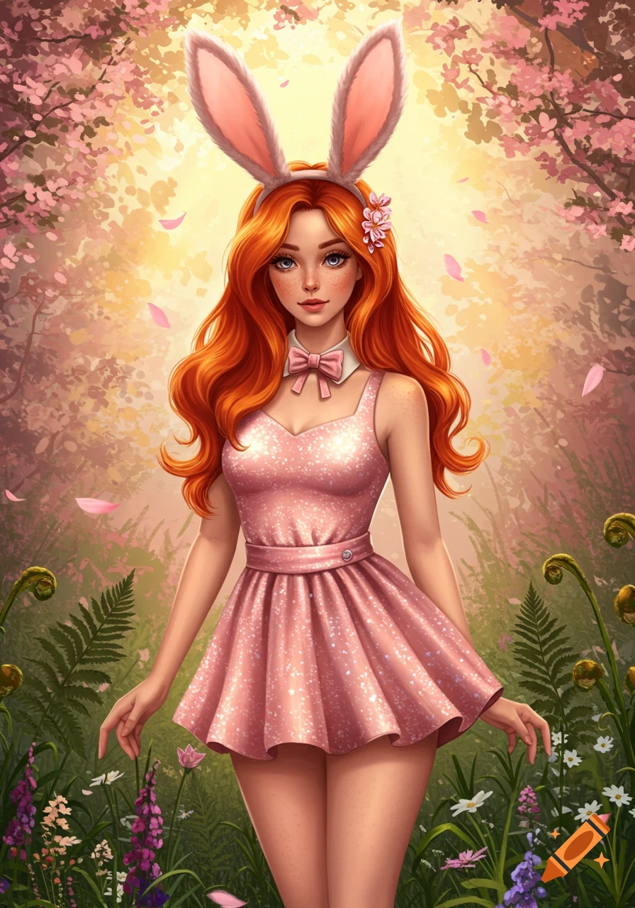 A red-haired bunny girl in a sparkly pink dress stands in a sunlit spring forest with pink blossoms, digital art.