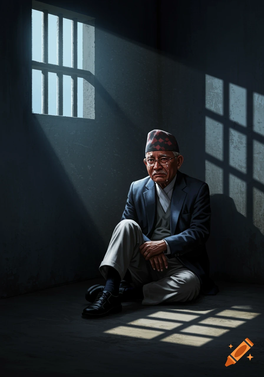 Illustration of an old man in traditional cap and glasses crying in a dimly lit prison cell with sunlight from a barred window.