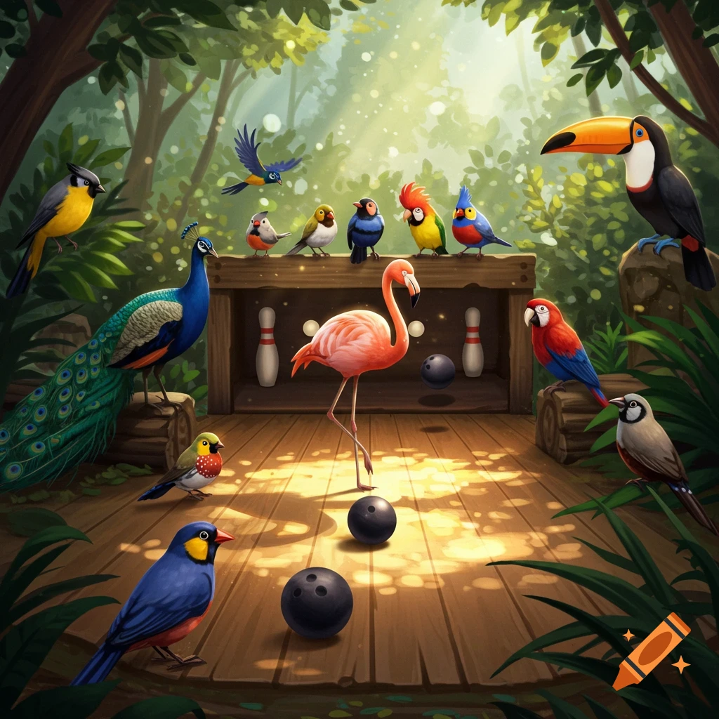 A cartoon illustration of various colorful birds, including a peacock, flamingo, toucan, and parrot, playing bowling in a lush forest.