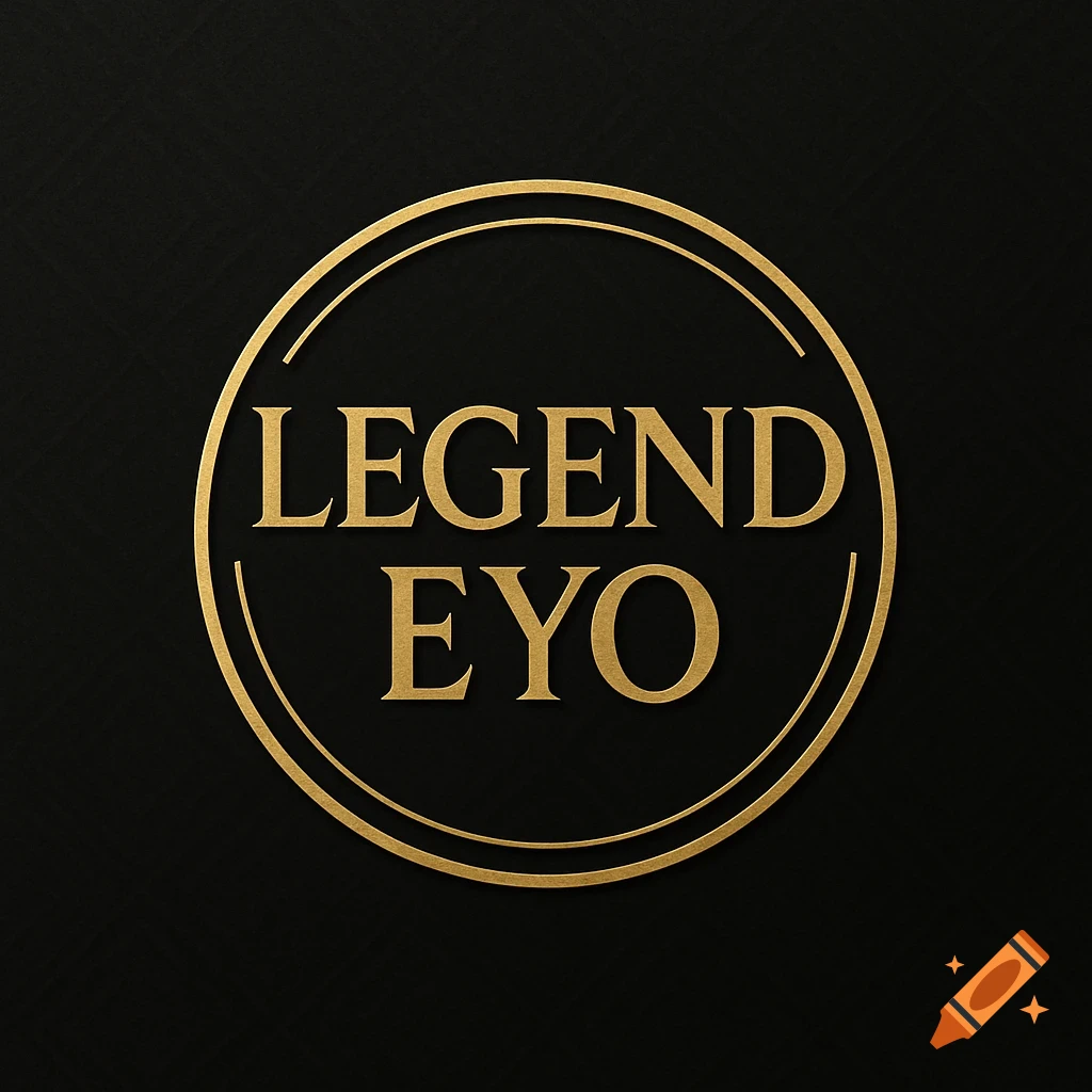 Gold 'LEGEND EYO' text logo within concentric circles on a dark, textured background, with an embossed effect.