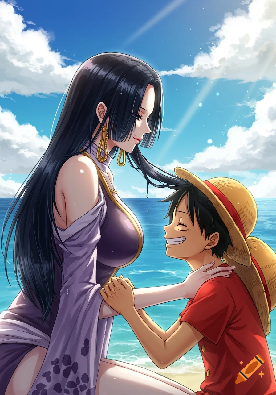 Anime art of Boa Hancock holding Monkey D. Luffy's head on a sunny beach, ocean in background.