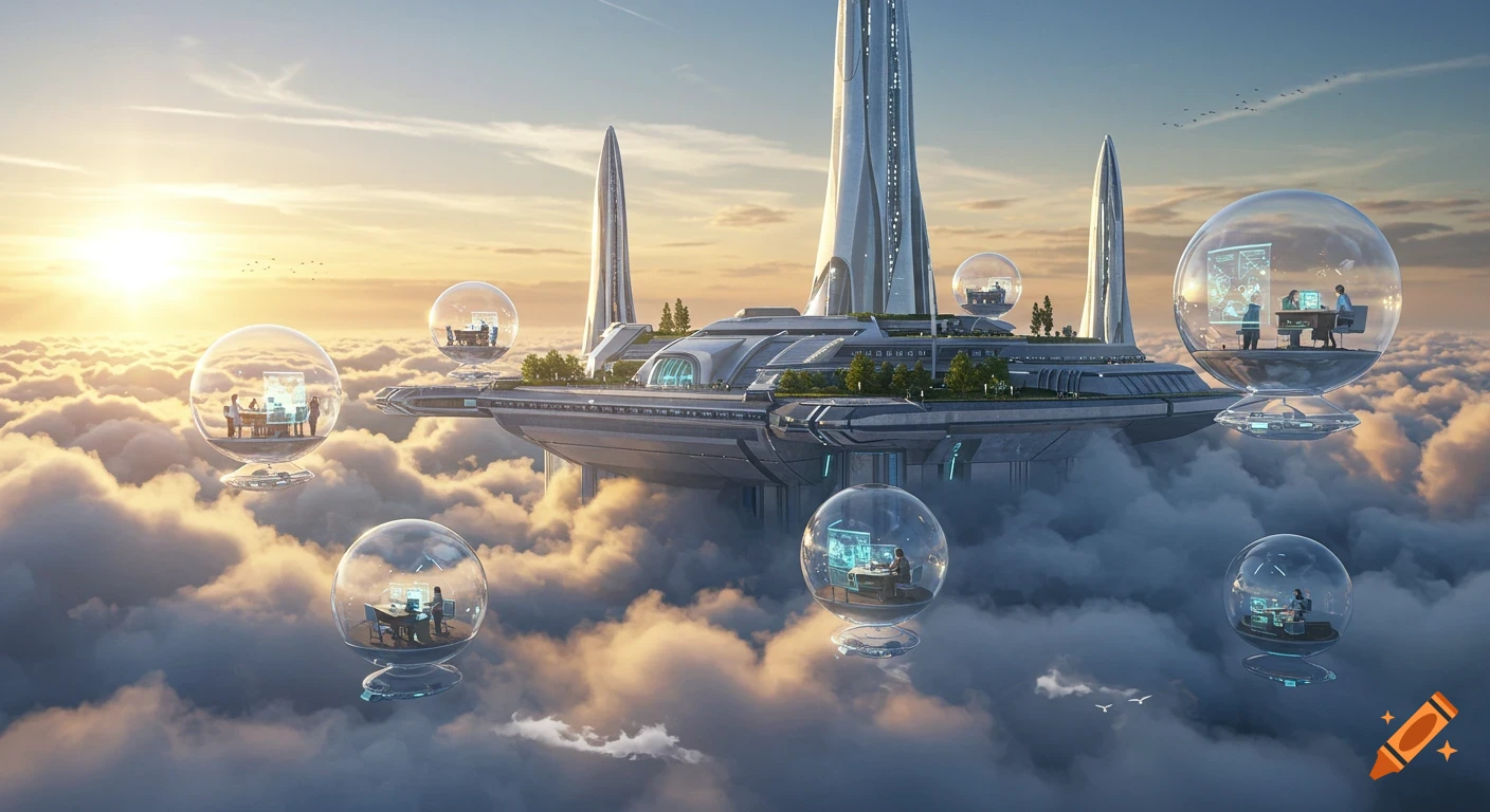 A futuristic university campus floats above clouds at sunset, with a large central building and transparent bubble classrooms.