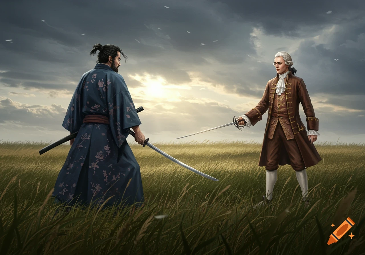 A samurai with a katana faces a European duelist with a rapier in a grassy field under a cloudy sky.
