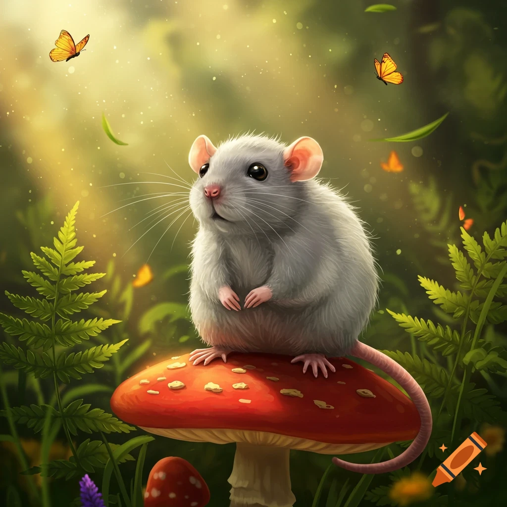 A cute grey rat with big ears sits on a red mushroom in a sunlit forest, surrounded by butterflies and green foliage.