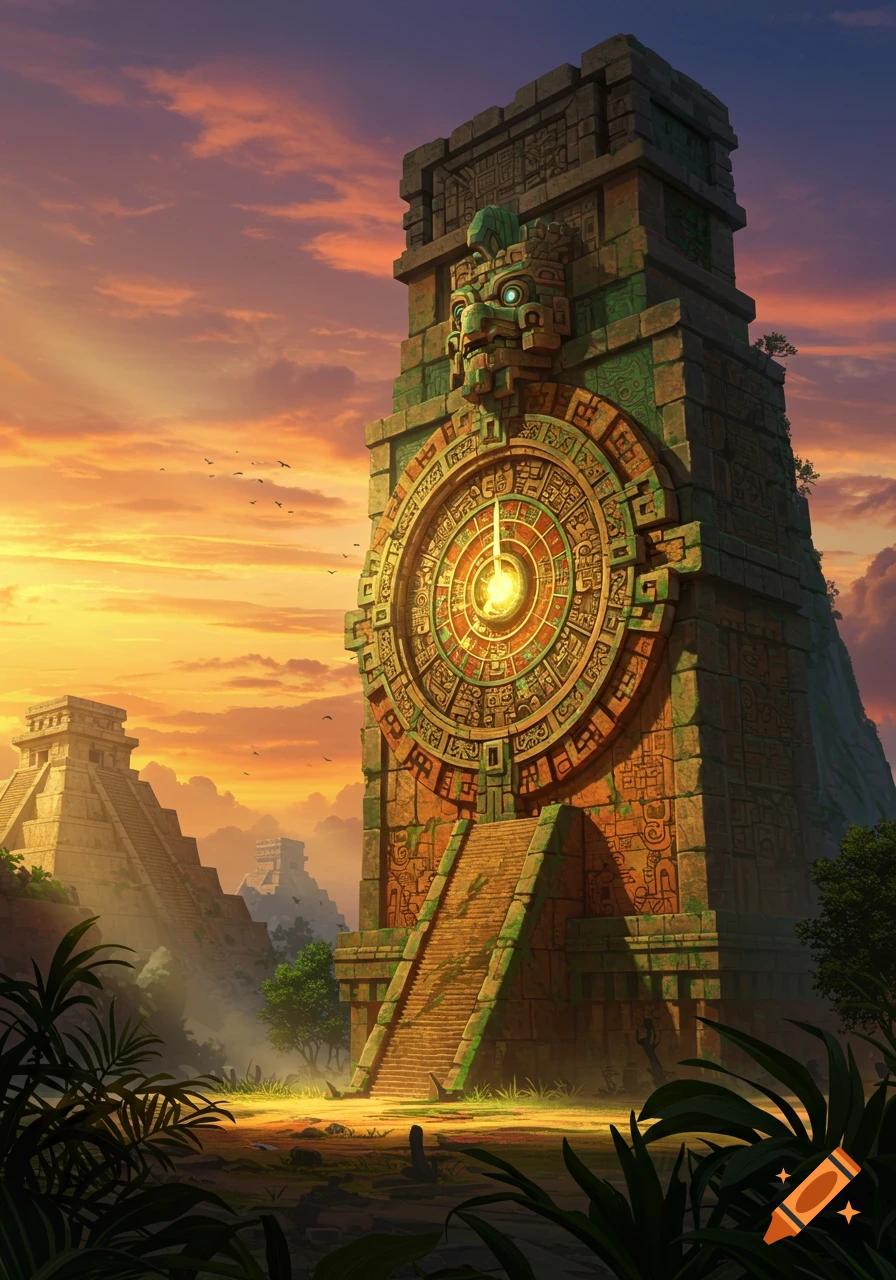 A tall, ornate Mesoamerican-style stone tower with a glowing circular clock face, surrounded by jungle foliage and other pyramids at sunset.
