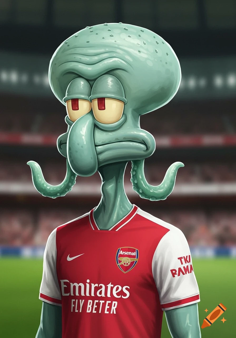 Squidward from Spongebob Squarepants wearing a red and white Arsenal football jersey in a stadium.