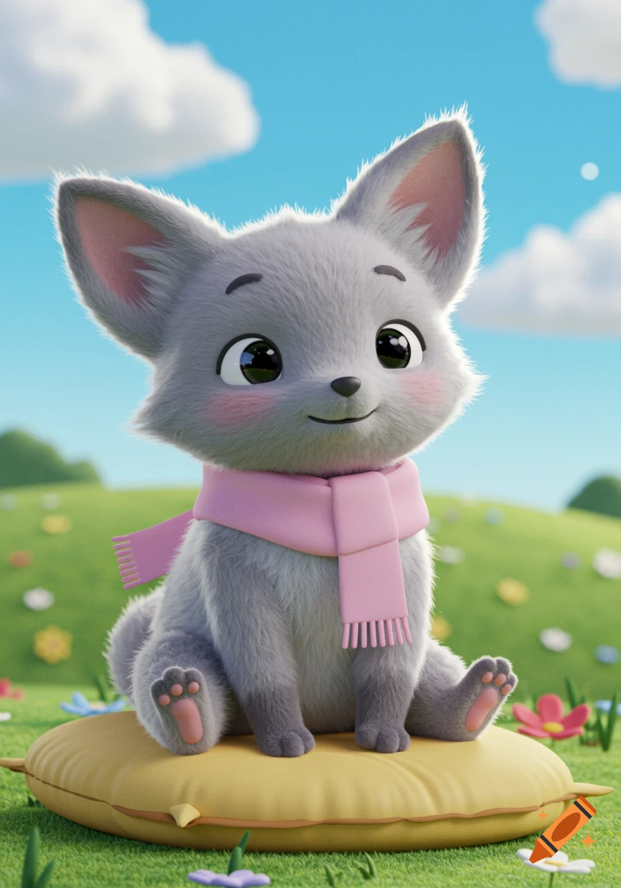 Cute fluffy grey fox-like character with a pink scarf sits on a yellow cushion in a grassy field, cartoon style.