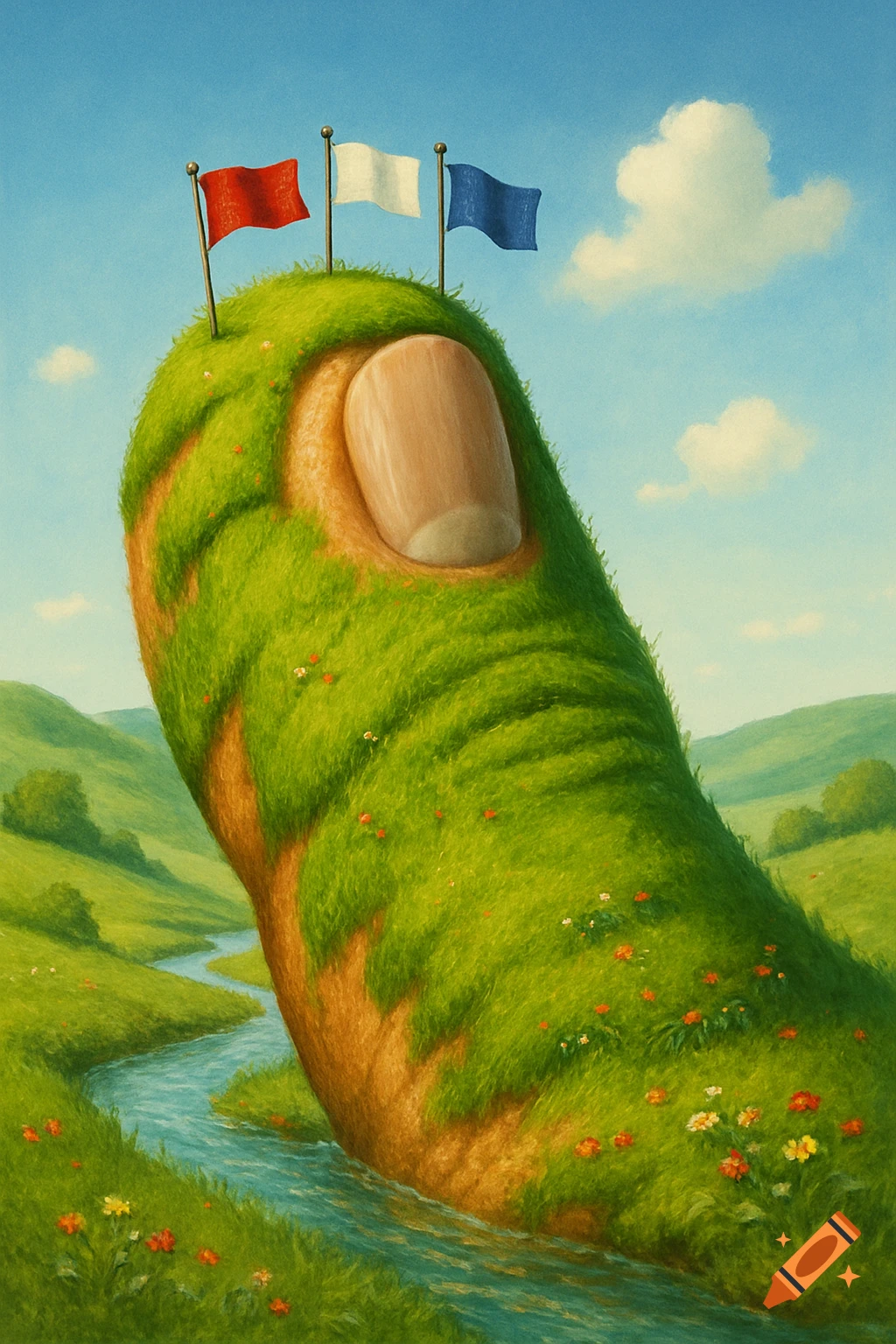 A giant, grass-covered finger forms a hill with red, white, and blue flags on its nail, set in a lush, painterly valley.