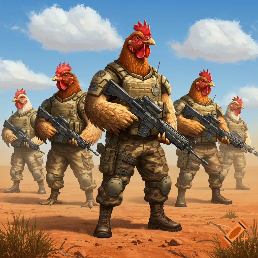 Five anthropomorphic chickens in military desert camouflage, body armor, and boots, holding assault rifles in a desert landscape.