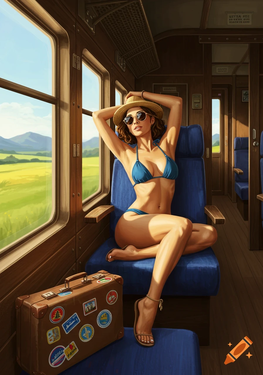 Stylized illustration of a woman in a blue bikini and straw hat lounging in a train car, looking out at a sunny, green landscape.