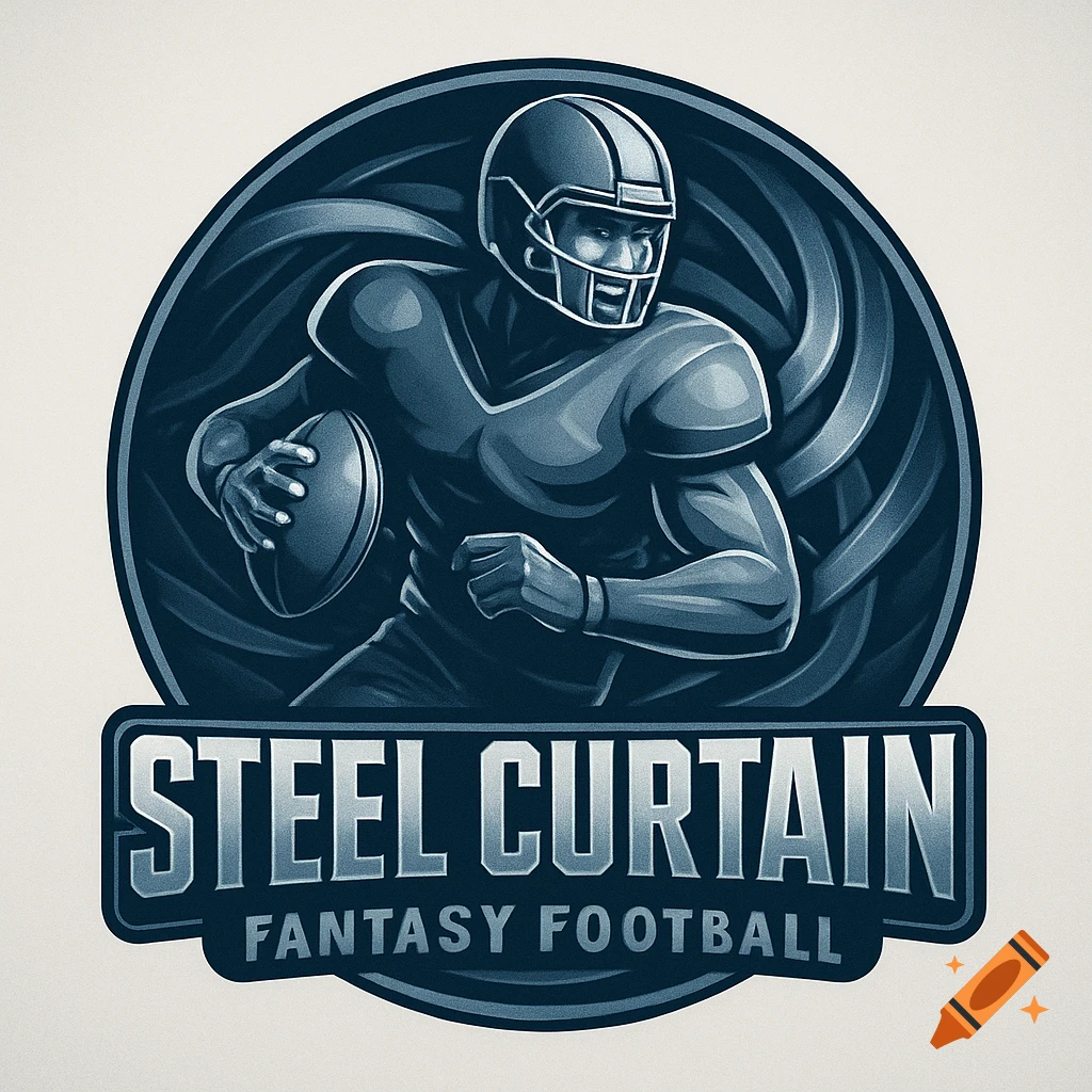 Stylized logo of a football player in a helmet running with a ball, with 'Steel Curtain Fantasy Football' text below.