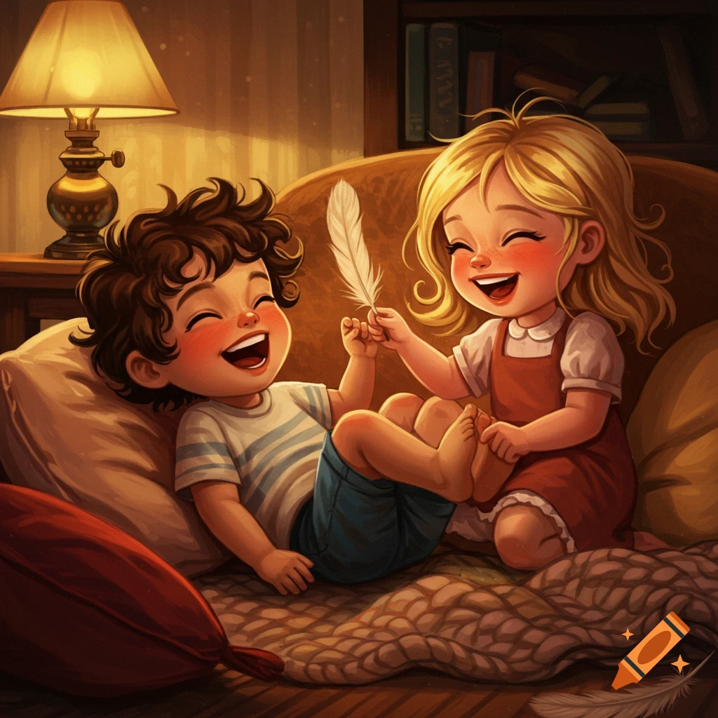 Two joyful cartoon children, one with blonde hair tickling the other's foot with a feather, laughing on a cozy couch.