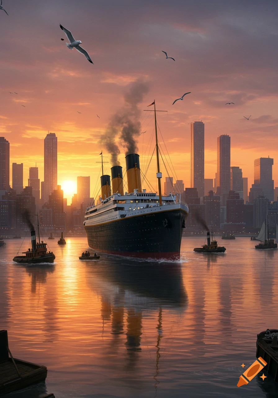 A large ship, similar to the Titanic, sails towards a city skyline at sunset, with tugboats and seagulls visible.