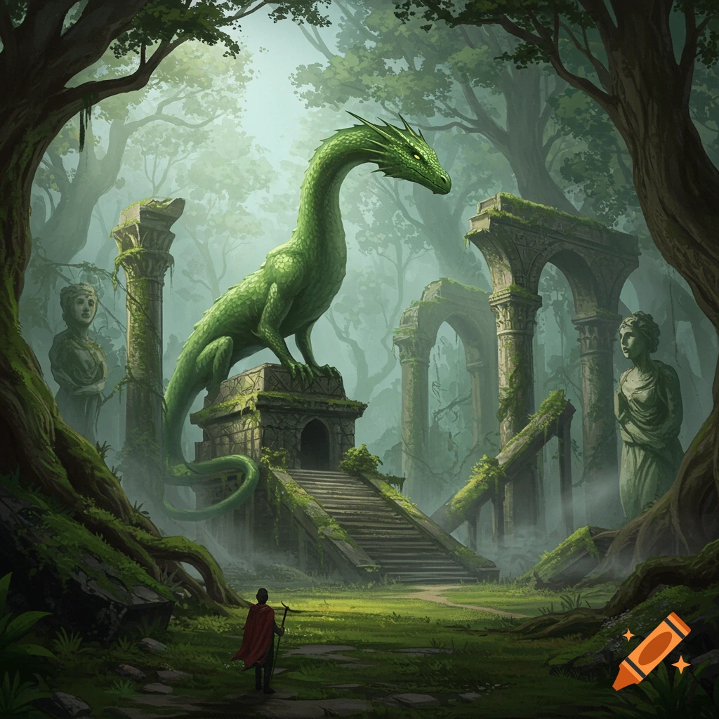 A majestic green dragon stands atop ancient ruins in a misty, overgrown forest, observed by a small figure in a red cloak.