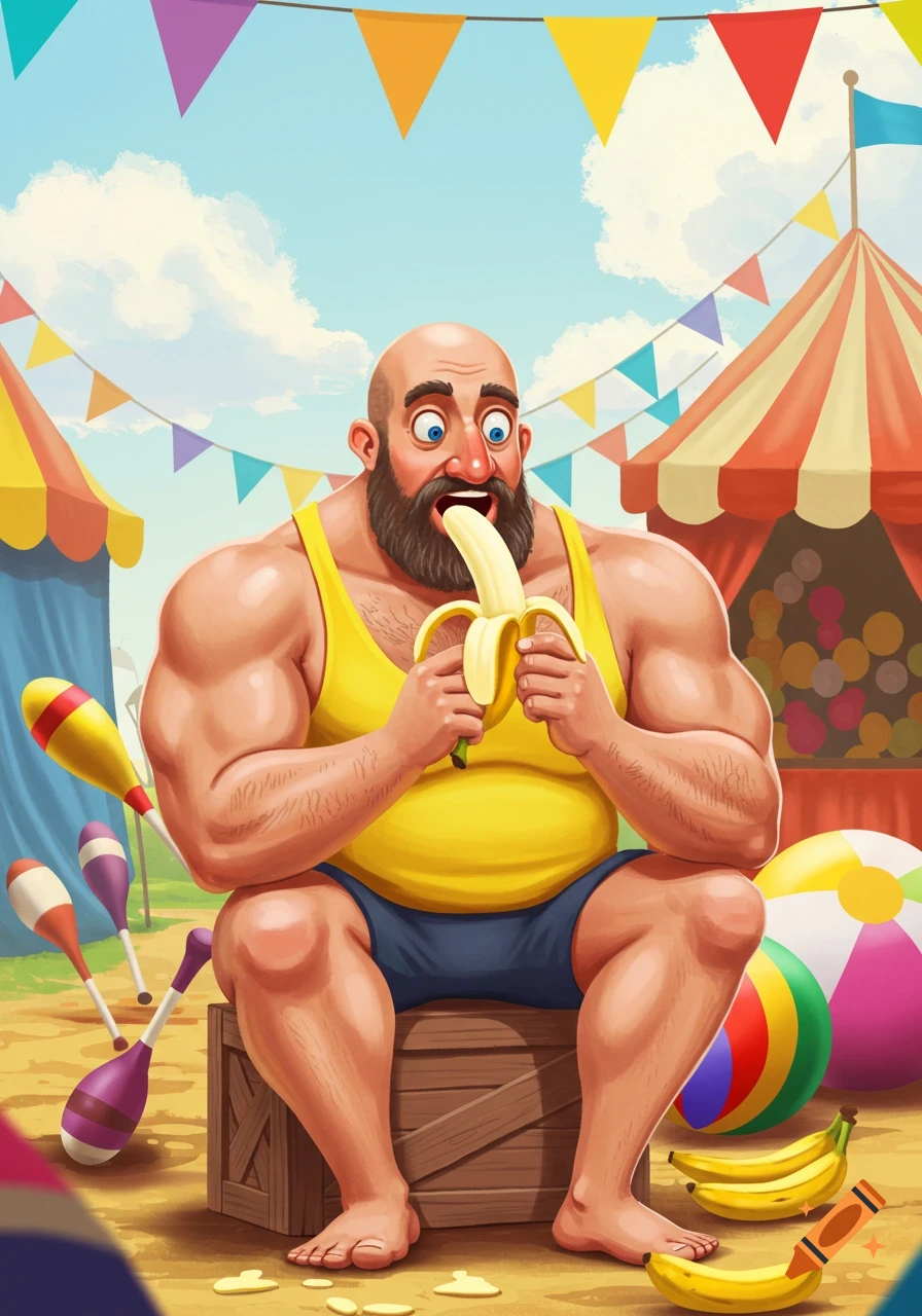 Cartoon strongman with a beard eagerly eating a banana at a circus.