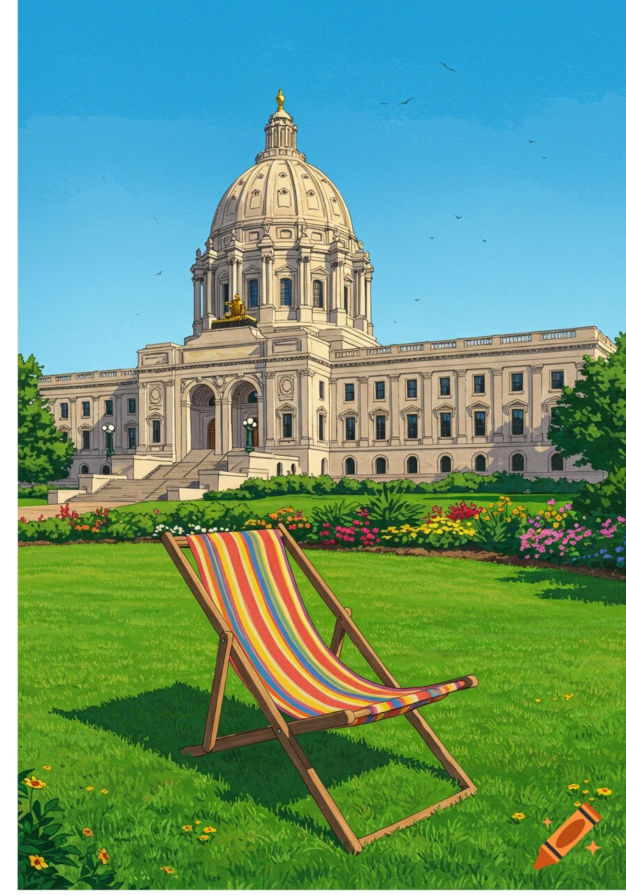 Illustration of the Minnesota State Capitol building behind a colorful striped beach chair on a vibrant green lawn with flowers.