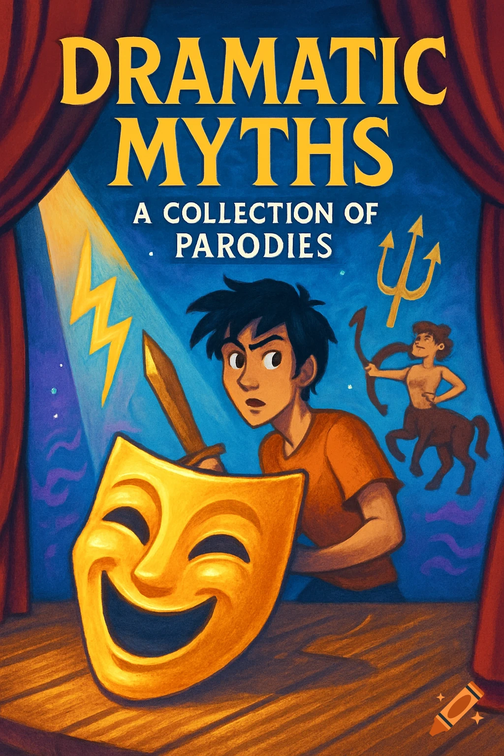 Cartoon book cover for 'Dramatic Myths' featuring a boy with a sword, a smiling comedy mask, and mythological figures.