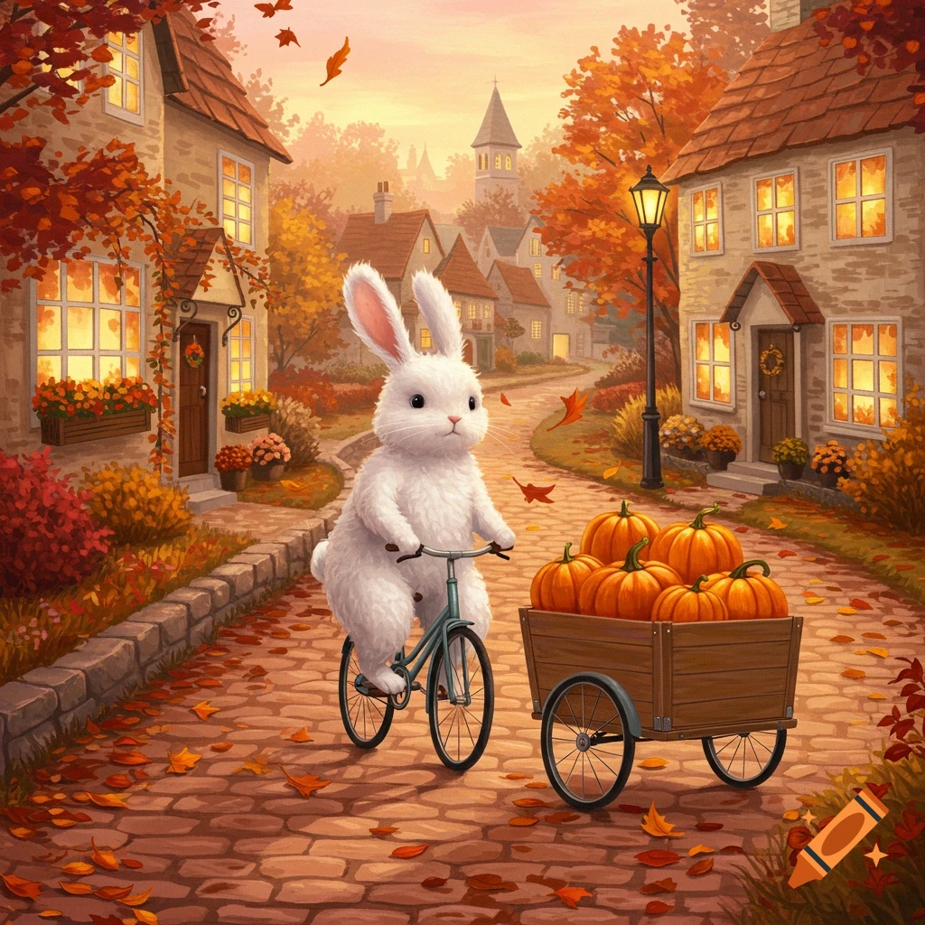 An illustration of a cute white bunny riding a bike and pulling a cart of pumpkins down an autumn village street with colorful trees.