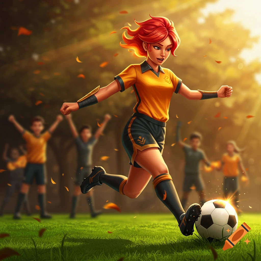 A vibrant illustration of a red-haired woman in a soccer uniform kicking a ball on a sunny field.