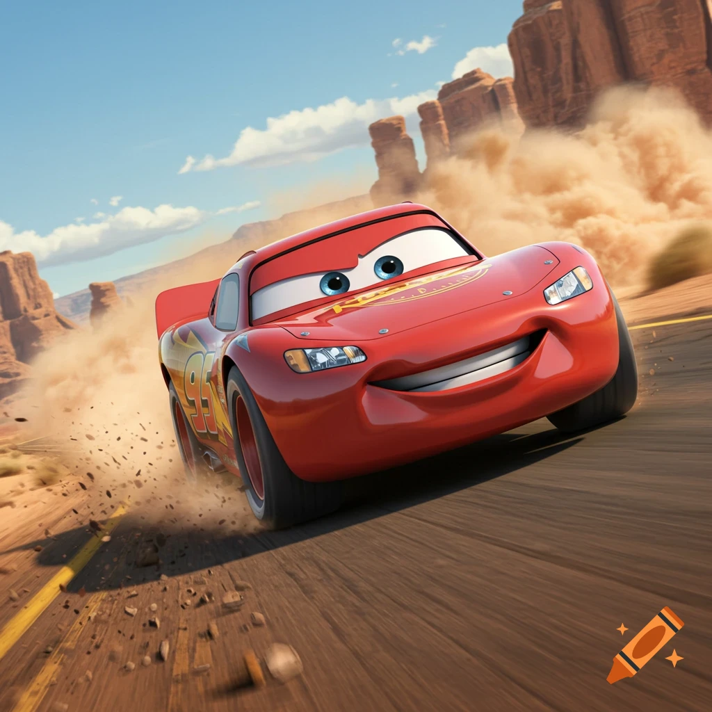 Lightning McQueen races through a dusty desert, kicking up dirt and motion blur, in a 3D animated style.